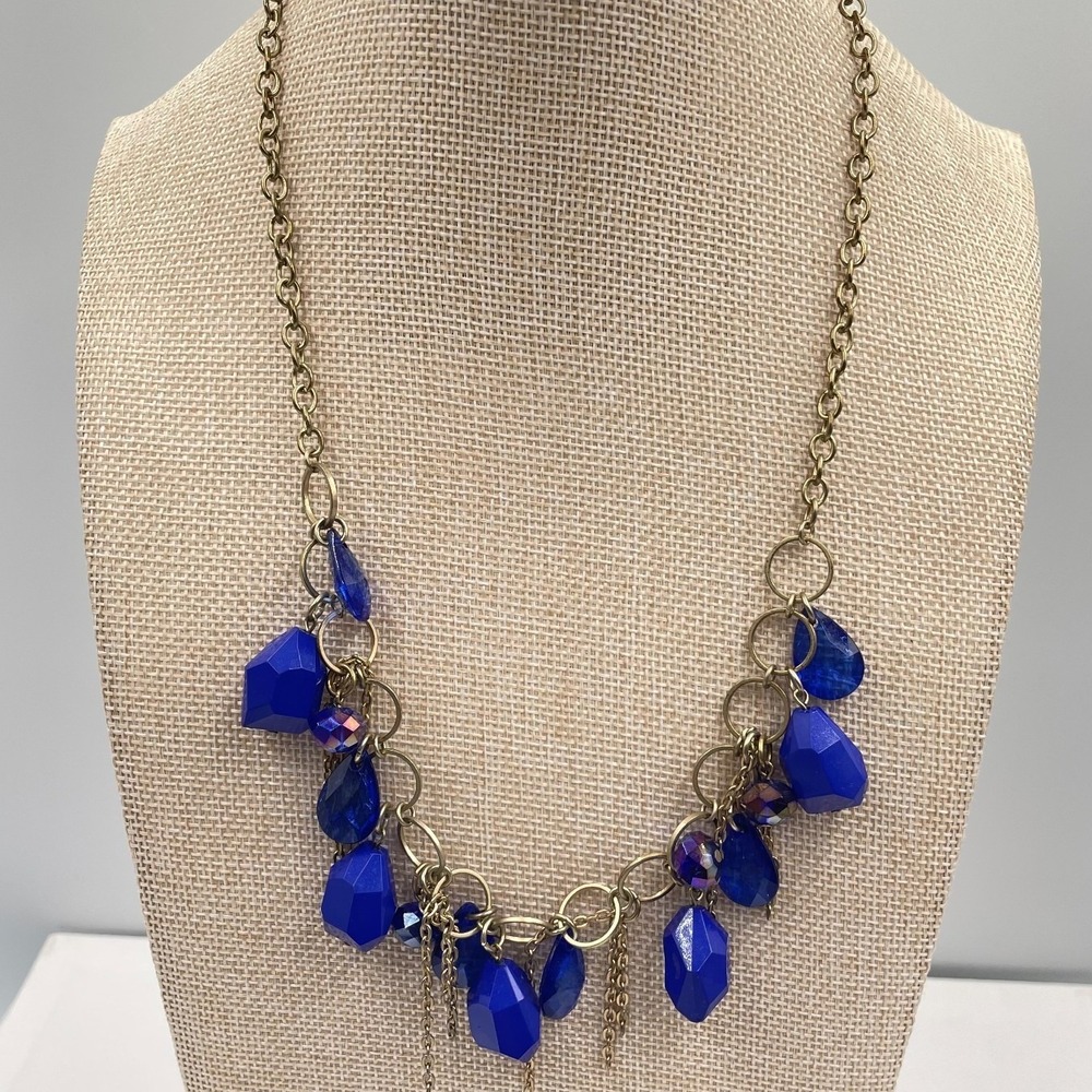 Gold-Tone Bohemian Classic Blue Faceted Glass Bead Fringe Bib Statement Necklace